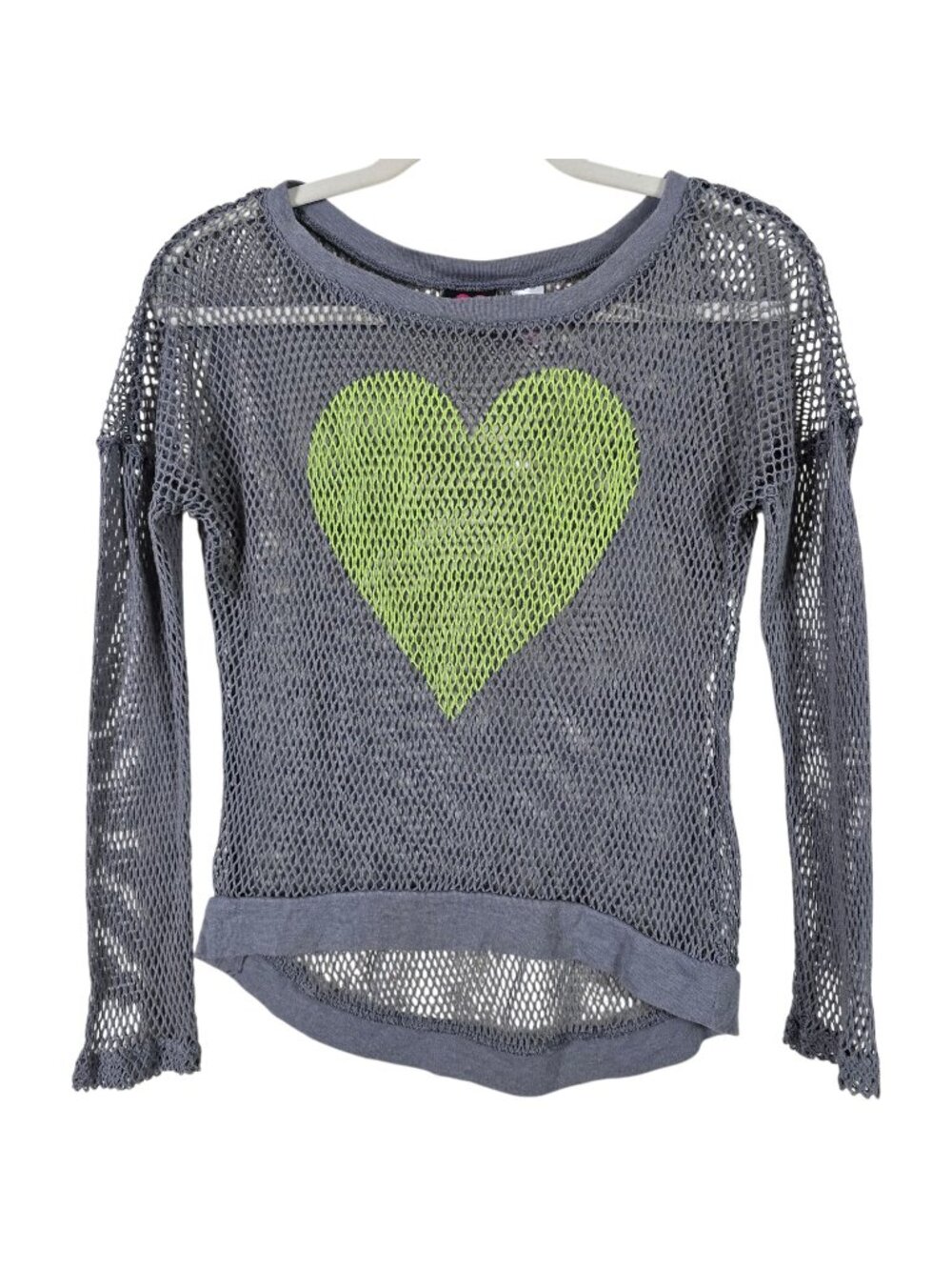Y2K Hard Candy Gray Neon Heart Fishnet Mesh Long Sleeve Cover Up Top M (7-9)